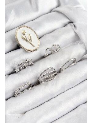 MuI MuI Pirinç Zirkon Taşlı Lale Model Gümüş Renk Kadın Yüzük Kombin Set