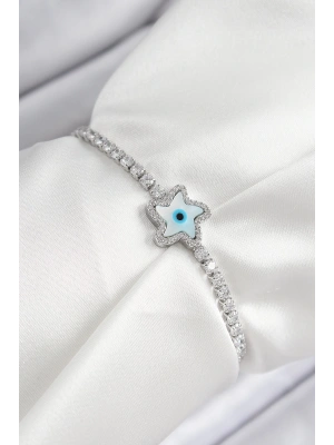 MuI MuI Pirinç Zirkon Taşlı Nazar Yıldız Model Gümüş Renk Asansörlü Kadın Bileklik