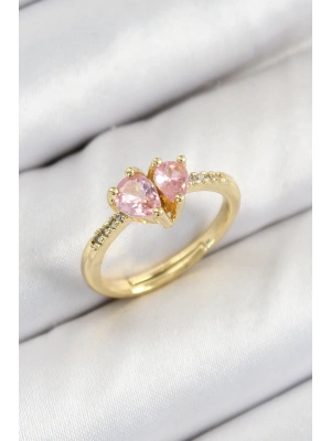 MuI MuI Pirinç Zirkon Taşlı Pembe Kalp Model Gold Renk Kadın Yüzük