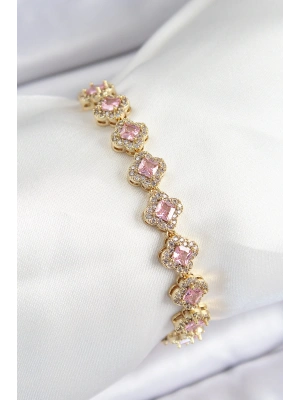 MuI MuI Pirinç Zirkon Taşlı Pembe Yonca Baget Model Gold Renk VIP Seri Kadın Bileklik