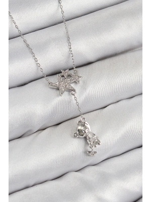 MuI MuI Pirinç Zirkon Taşlı Sallantılı Ayıcıklı Yıldız Model Gümüş Renk Kadın Kolye