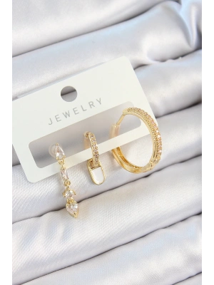 MuI MuI Pirinç Zirkon Taşlı Sallantılı Model Gold Renk 3lü Çift Kadın Küpe Set