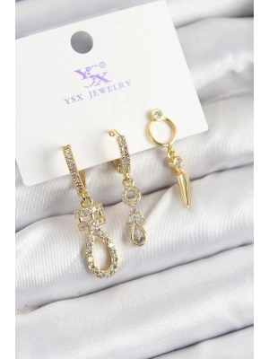 MuI MuI Pirinç Zİrkon Taşlı Sallantılı Model Gold Renk 3lü Kadın Küpe