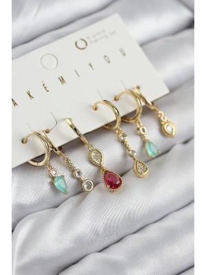 MuI MuI Pirinç Zirkon Taşlı Sallantılı Model Gold Renk 6lı Küpe Set