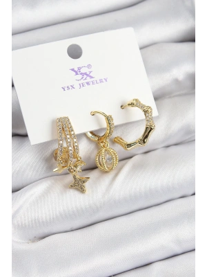 MuI MuI Pirinç Zİrkon Taşlı Sallantılı Yıldız Model Gold Renk 3lü Kadın Küpe