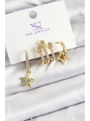 MuI MuI Pirinç Zİrkon Taşlı Sallantılı Yıldız Model Gold Renk 3lü Kadın Küpe