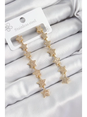 MuI MuI Pirinç Zirkon Taşlı Sallantılı Yıldız Model Gold Renk Kadın Küpe