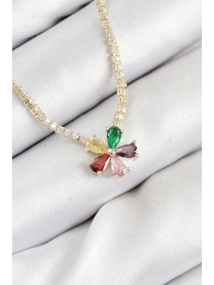 MuI MuI Pirinç Zirkon Taşlı Su Yolu Asorti Çiçek Model Gold Renk Kadın Kolye