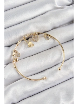 MuI MuI Pirinç Zirkon Taşlı Tavşan Ve Kalp Model Gold Renk Charm Bileklik