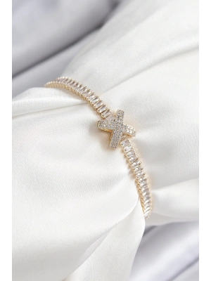 MuI MuI Pirinç Zirkon Taşlı X Detaylı Su Yolu Model Gold Renk Asansörlü Kadın Bileklik