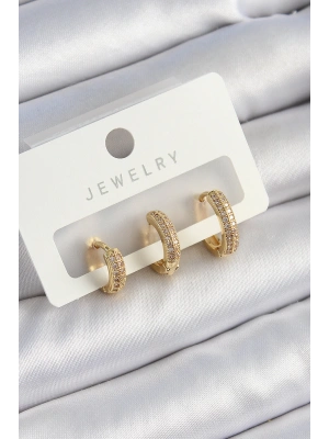 MuI MuI Pirinç Zirkon Taşlı Yıldız Model Gold Renk 3lü Çift Kadın Küpe Set