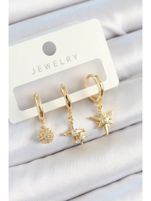 MuI MuI Pirinç Zirkon Taşlı Yıldız Model Gold Renk 3lü Çift Kadın Küpe Set