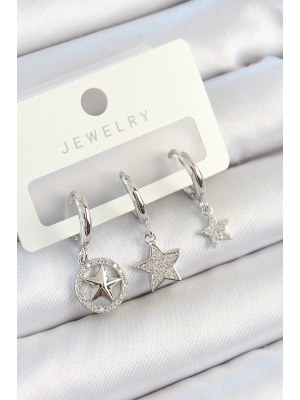 MuI MuI Pirinç Zirkon Taşlı Yıldız Model Gümüş Renk 3lü Çift Kadın Küpe Set