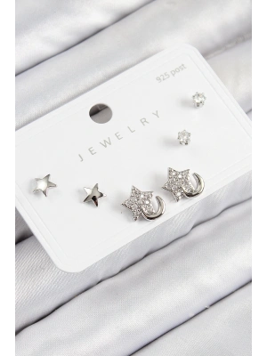 MuI MuI Pirinç Zirkon Taşlı Yıldız Model Gümüş Renk 925 Ayar Gümüş Çivi Kadın Küpe Set