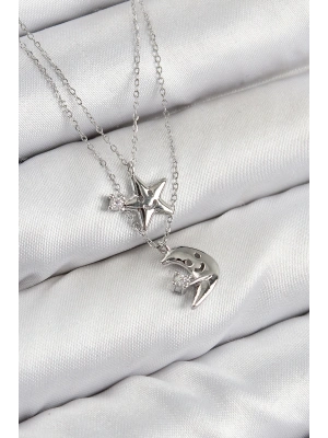 MuI MuI Pirinç Zirkon Taşlı Yıldız Ve Ay Model Gümüş Renk Kadın Kolye