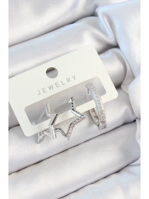 MuI MuI Pirinç Zirkon Taşlı Yıldız Ve Halka Model Gümüş Renk 3lü Çift Kadın Küpe Set