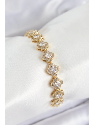 MuI MuI Pirinç Zirkon Taşlı Yonca Baget Model Gold Renk VIP Seri Kadın Bileklik