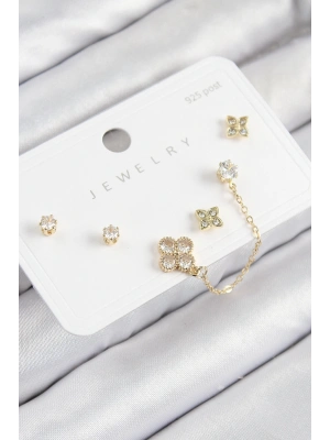 MuI MuI Pirinç Zirkon Taşlı Yonca Model Gold Renk 925 Ayar Gümüş Çivi Kadın Küpe Set