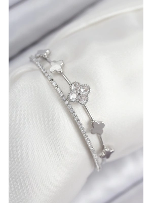 MuI MuI Pirinç Zirkon Taşlı Yonca Model Gümüş Renk Kadın Bileklik