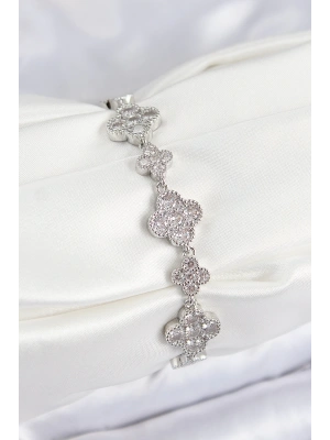 MuI MuI Pirinç Zirkon Taşlı Yonca Model Gümüş Renk VIP Seri Kadın Bileklik