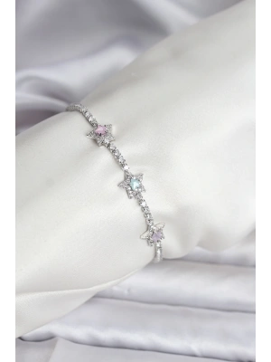 MuI MuI Renkli Yıldız Model Zirkon Taşlı Gümüş Renk Pirinç Su Yolu Kadın Bileklik