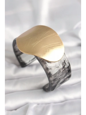 MuI MuI Siyah Mermer Desen Akrilik Plastik Gold Daire Plaka Model Vintage Kadın Bilezik