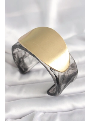 MuI MuI Siyah Mermer Desen Akrilik Plastik Gold Oval Plaka Model Vintage Kadın Bilezik