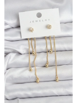 MuI MuI Topçuk Model Gold Renk Pirinç Sallantılı Kadın Küpe Seti