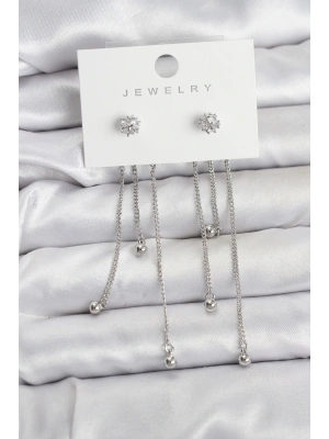 MuI MuI Topçuk Model Gümüş Renk Pirinç Sallantılı Kadın Küpe Seti