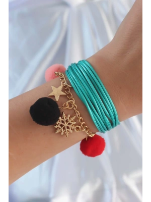 MuI MuI Turkuaz Renk Kar Tanesi Figür Zincir Detay İpli Çoklu Bileklik