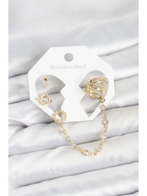 MuI MuI Uzay Model Pirinç Gold Renk Zincir Bağlantılı Ear Cuff Küpe Seti