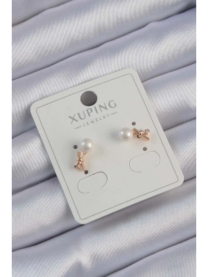 MuI MuI Xuping Rose Renk Zirkon Taşlı İncili Minimal Fiyonk Küpe