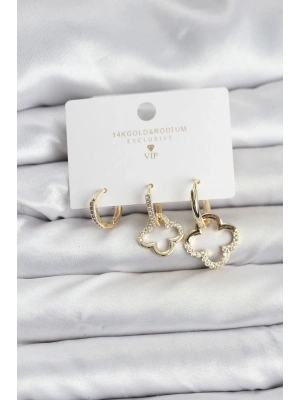 MuI MuI Yonca Model Gold Renk Pirinç 3lü Kadın Küpe Seti