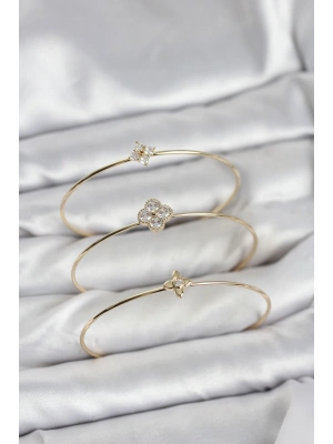 MuI MuI Zirkon Taşlı Gold Renk Yonca Tasarım 3lü Kadın Bileklik Kombini