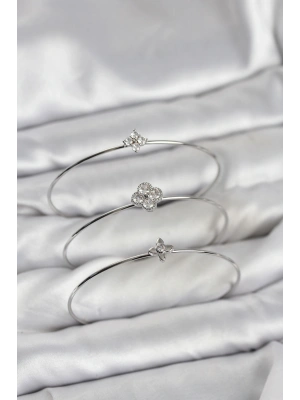 MuI MuI Zirkon Taşlı Gümüş Renk Yonca Tasarım 3lü Kadın Bileklik Kombini