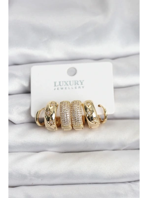MuI MuI Zirkon Taşlı Pirinç Gold Renk Halka Kadın Küpe Seti