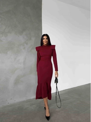 Omuz Detay Elbise - Bordo