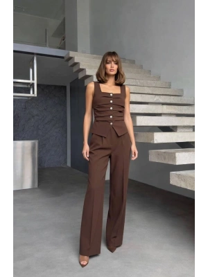 Ön Detay Yelek Pantolon Takım - Kahverengi