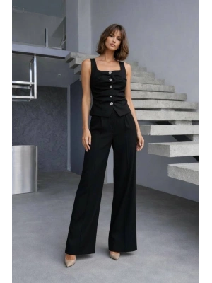 Ön Detay Yelek Pantolon Takım - Siyah