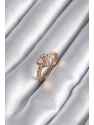 MuI MuI Pirinç Gold Renk Pembe Zirkon Taş Kalp Charm Model Kadın Yüzük