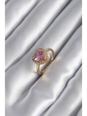 MuI MuI Pirinç Gold Renk Pembe Zirkon Taş Kalp Charm Model Kadın Yüzük