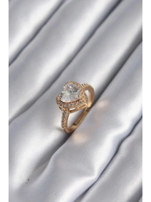 MuI MuI Pirinç Gold Renk Zirkon Taşlı Kalp Charm Model Kadın Yüzük