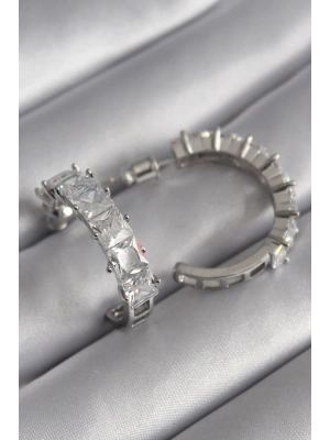 MuI MuI Pirinç Gümüş Renk Zirkon Taşlı Halka Model Kadın Küpe