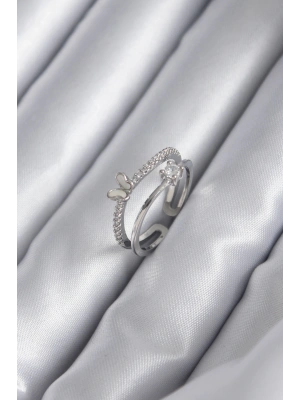 MuI MuI Pirinç Gümüş Renk Zirkon Taşlı Kelebek Model Kadın Yüzük