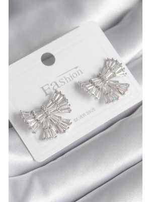 MuI MuI Pirinç Gümüş Renk Zirkon Taşlı Kurdele Model Kadın Küp