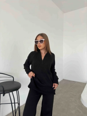 Polo Yaka Fermuarlı Triko Takım 1511 - Siyah