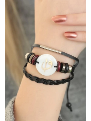 MuI MuI Siyah Renk Elif Vav Tasarım Çoklu Deri Bayan Bileklik