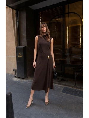 Toka Detay Elbise - Kahverengi