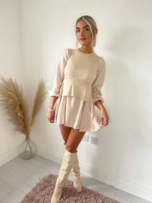 Triko Detay Elbise - Bej