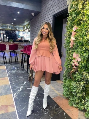 Triko Detay Elbise - Pudra